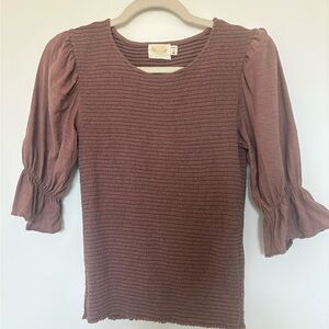NATION LTD brown cotton ruched Top shirt with Puff Sleeves small